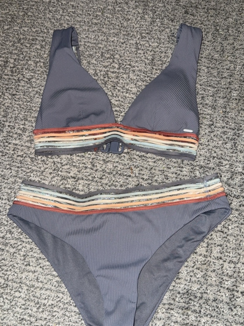 Rip Curl Gray Ribbed Bikini Set with Multicolor Stripe Waistband